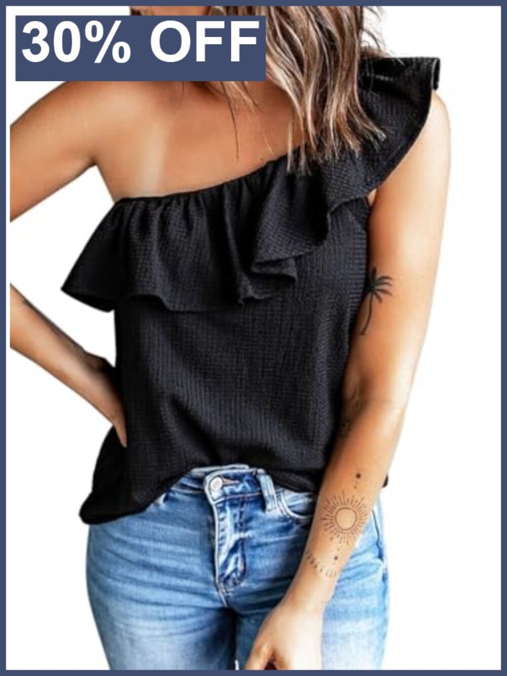 One Shoulder Ruffle Sleeveless Loose Tank Top 95% Polyester